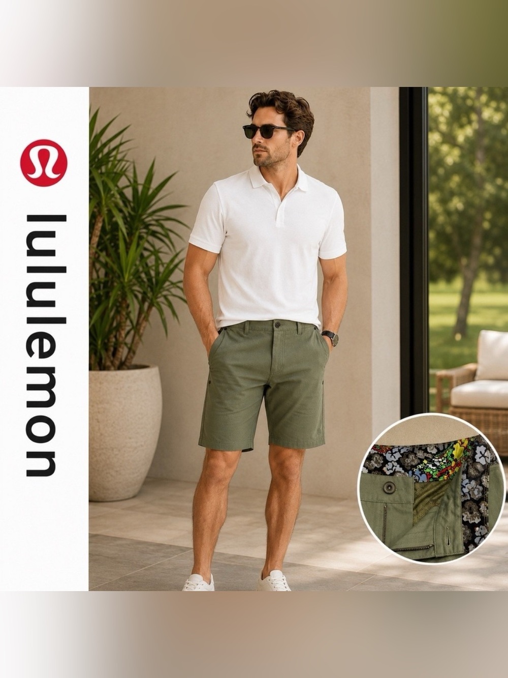Lululemon Chino Shorts Mens 34 Green Herringbone Rare Dragon Print Golf 13"